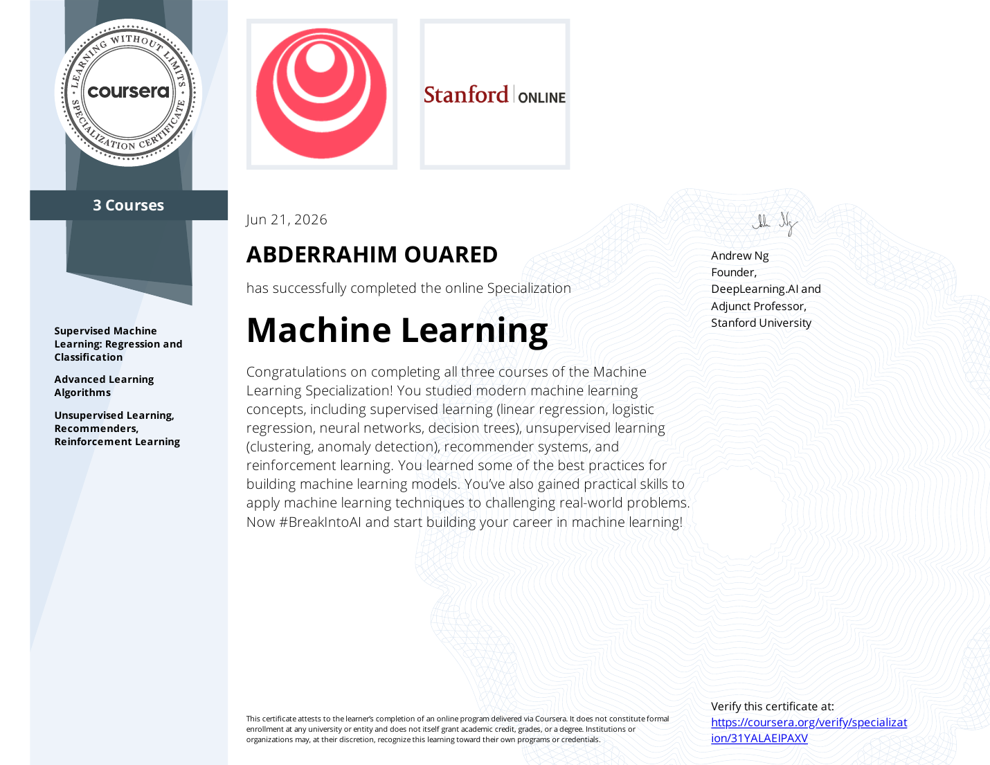 Machine Learning Stanford University certificate preview